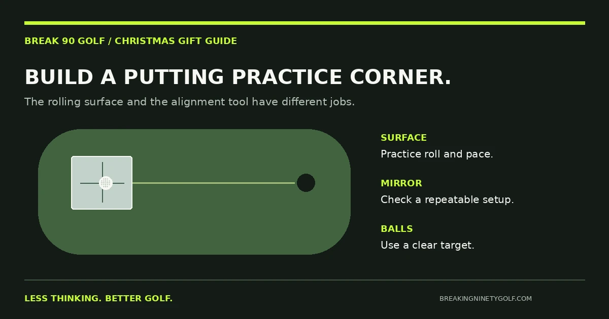 Illustrated putting gift pairing: a practice surface, an alignment mirror and golf balls.
