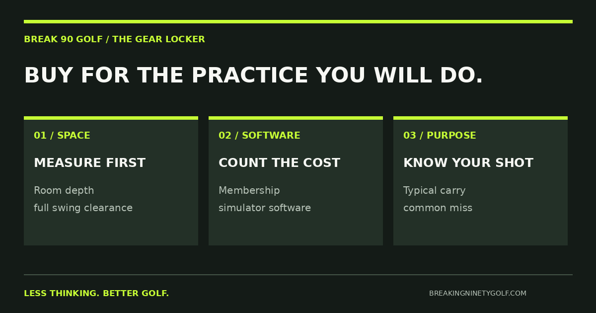 Launch monitor buying checklist: measure your space, check software costs, and practice carry distance and dispersion.