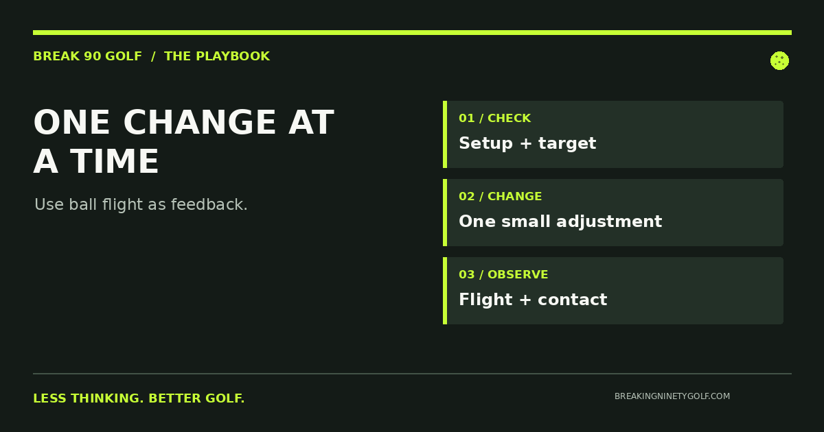 Three-step range checklist: check setup, make one small grip adjustment, observe the ball flight.